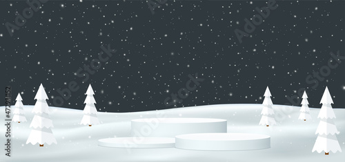 Round New Year's podium against background snowdrifts and Christmas trees at night. Night winter scene for holiday discounts.