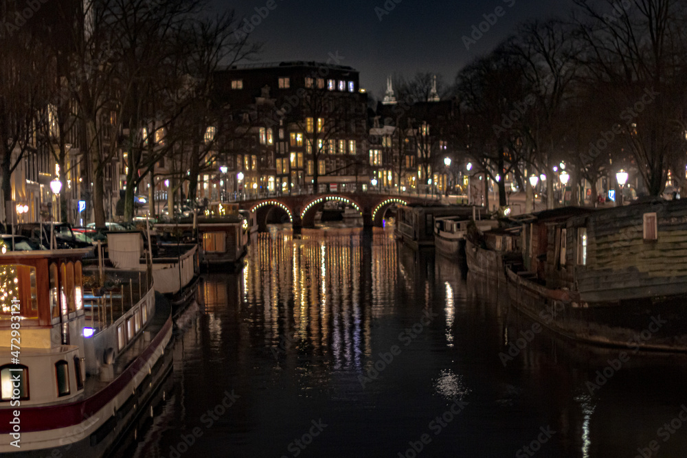 Night walk on streets of Amsterdam, Netherlands