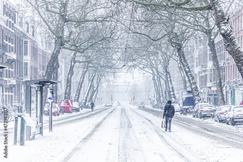 Snow covered streets with cold weather in Amsterdam, Netherlands © Erol