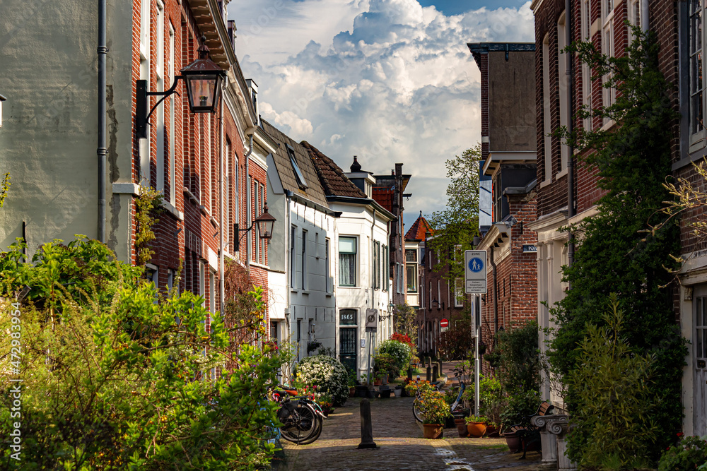 Street of old town with old buildings in Haarlem, Netherlands