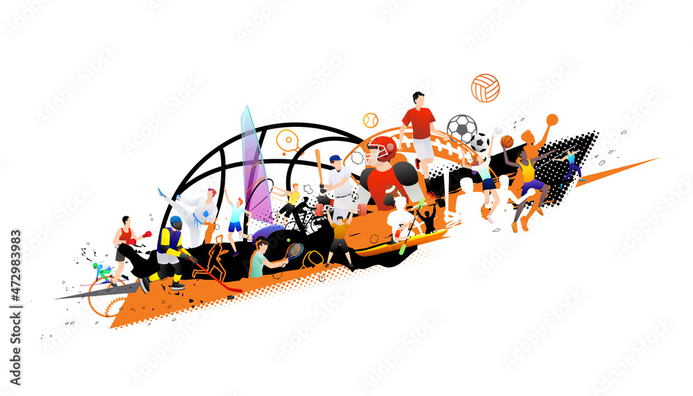 Vector illustration of sports abstract background design with sport players in different activities. football, basketball, baseball, badminton, tennis, rugby, bicycling