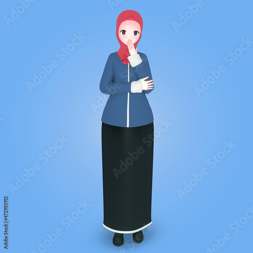 Young muslim girl with thinking pose 3d character illustration