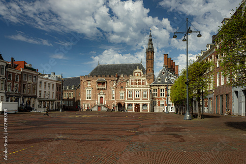 Street of old town with old buildings in Haarlem, Netherlands