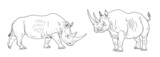 Black and wide mouth rhinos drawing. Digital template for coloring with african rhinoceros.