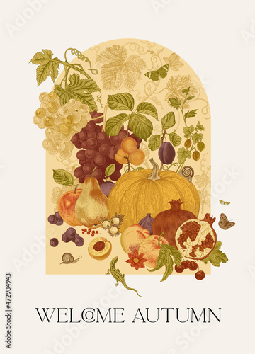 Welcome Autumn. Harvest. Dutch. Autumn botanical illustration.