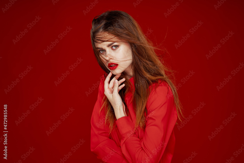 woman with red hair fashion posing red shirt glamor woman with red hair fashion posing red shirt glamor