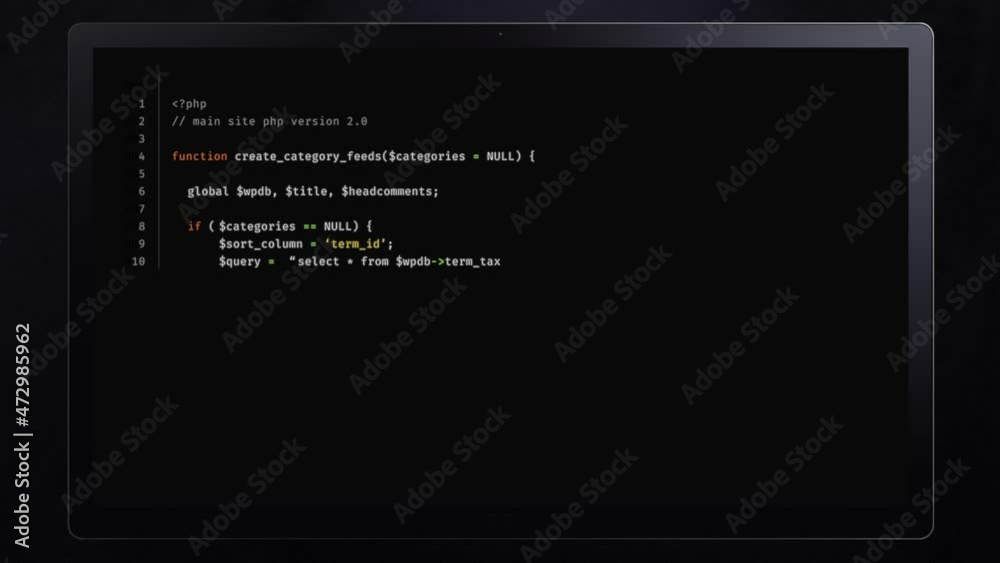 Generic PHP source code building on a tablet screen.