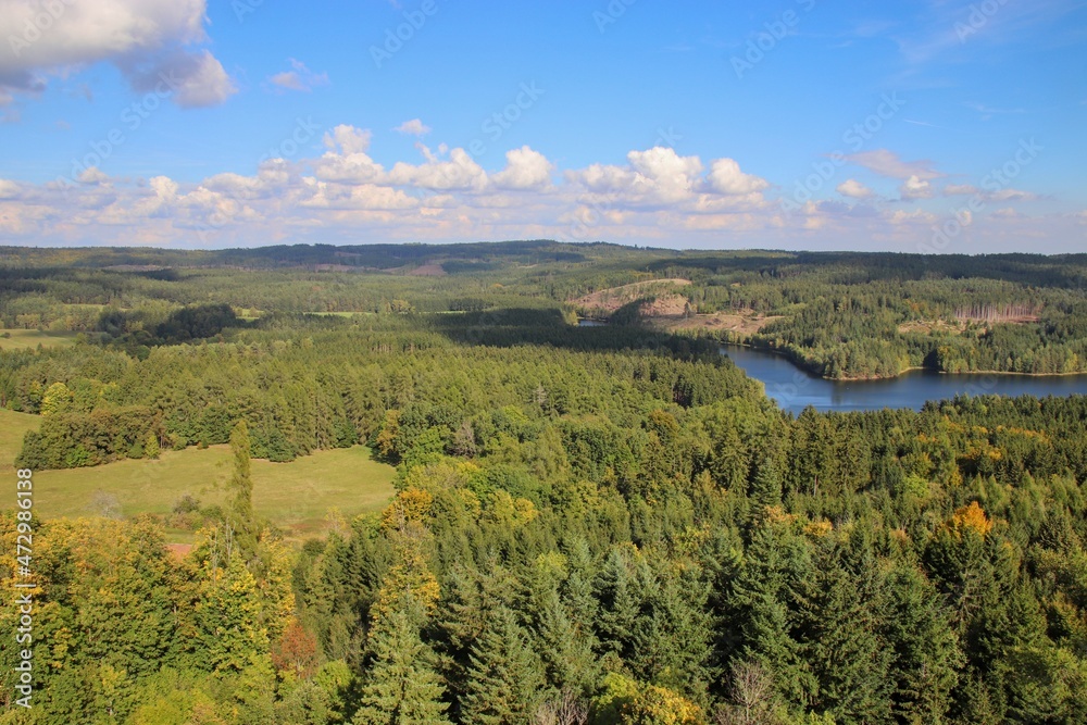 A view to the water reservoir and surrounded forests from castle Landstejn, Czech republic 