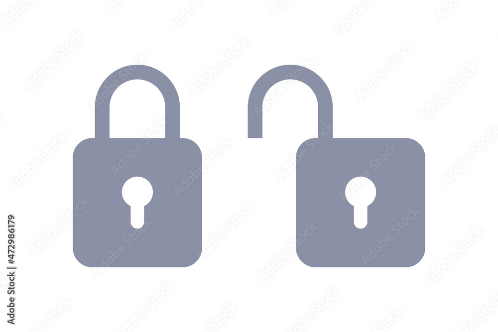 Lock and unlock icons, open and closed gray padlock security symbol with keyholes Lock and unlock icons, open and closed gray padlock security symbol with keyholes