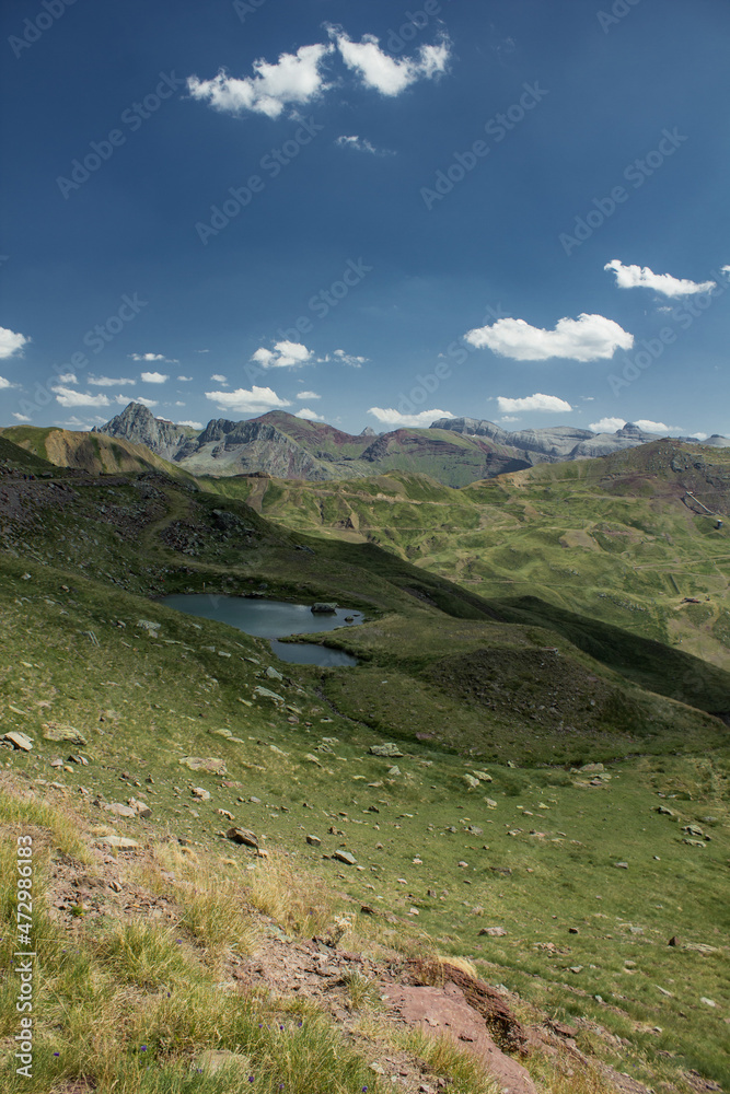 Mountain area with green during summer day in Pyrenees, North of Spain and France