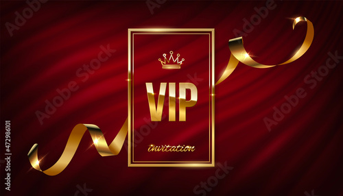 Vip golden frame invitation with wavy silk ribbon on curtain fabric, 3d gold certificate