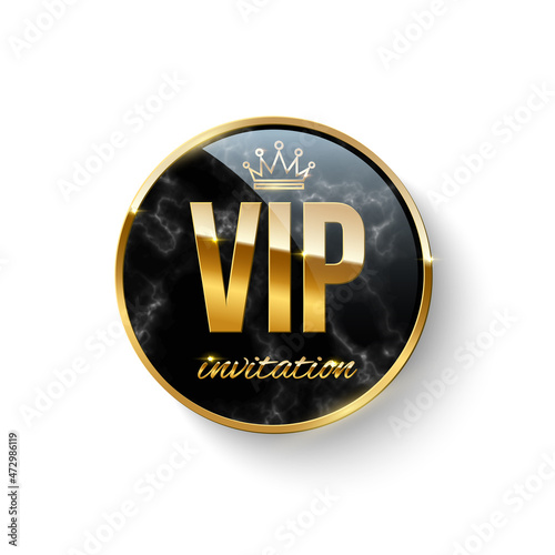 Vip invitation 3d button with gold crown, border and text on black marble texture