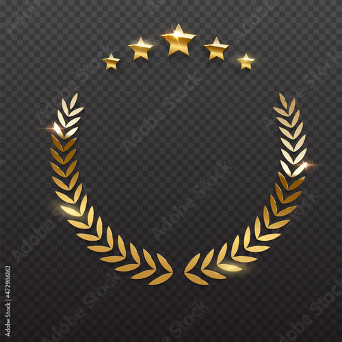 Gold shiny circle laurel wreath with stars vector illustration. Golden shining round badge prize for winner, award trophy nominee luxury symbol, nomination reward emblem on transparent background