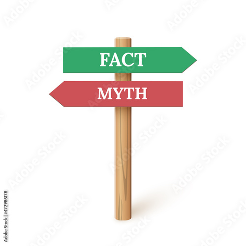 Sign direction with myth and fact arrow, 3d wooden signpost for true or false facts