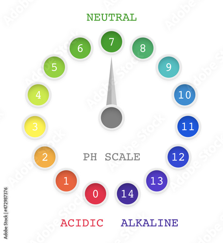 Ph value scale chart for acid, alkaline solution, test meter with round rainbow indicator