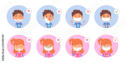 Kids wear protective face mask with proper and wrong way set of medical infographics