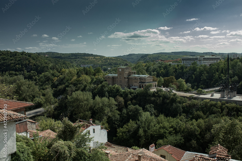 City in mountain area with greenery in summer day in Veliko Tarnovo, Bulgaria