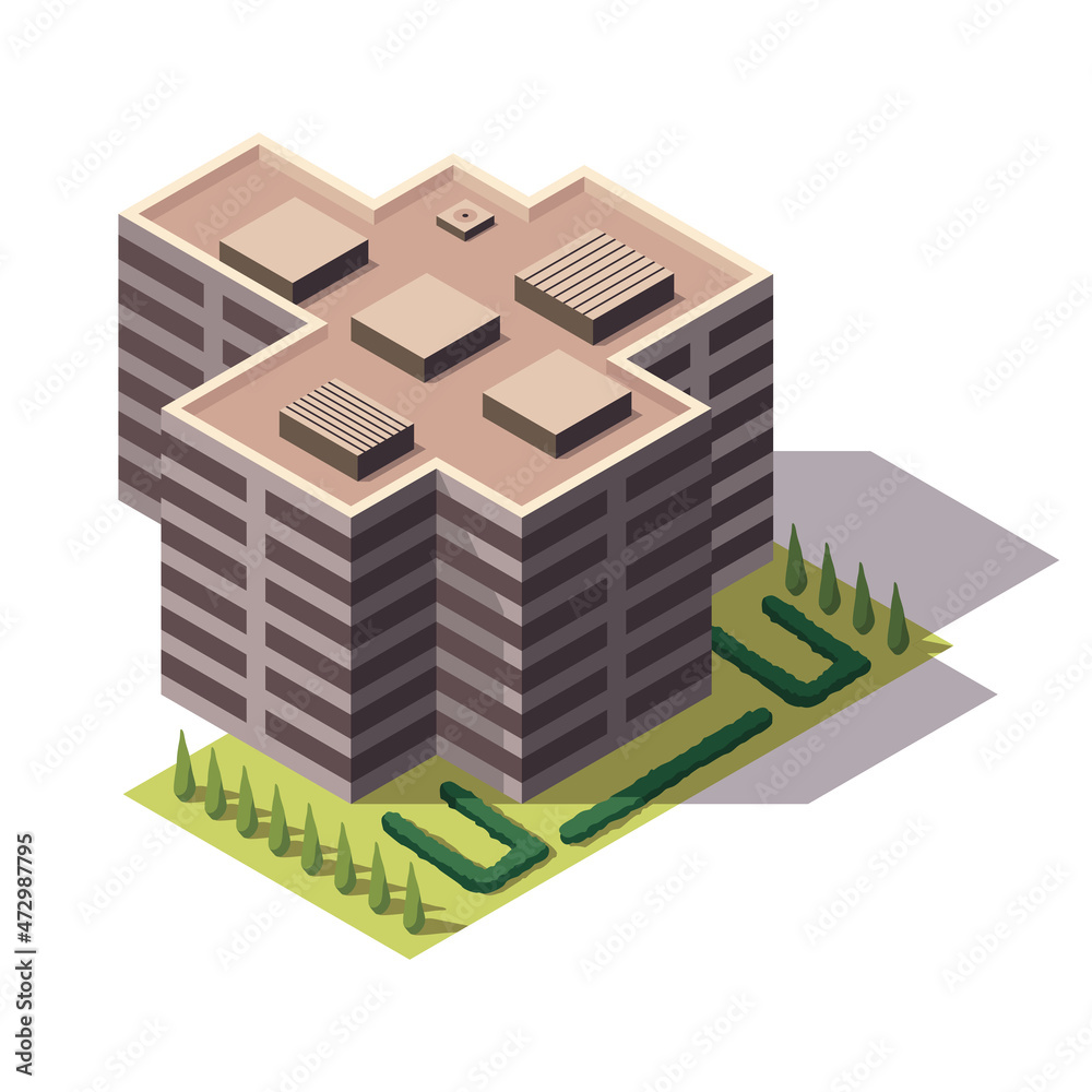 Offices isometric. Town apartment building city map creation. Architectural vector 3d illustration. Infographic element. City house composition Offices isometric. Town apartment building city map creation. Architectural vector 3d illustration. Infographic element. City house composition