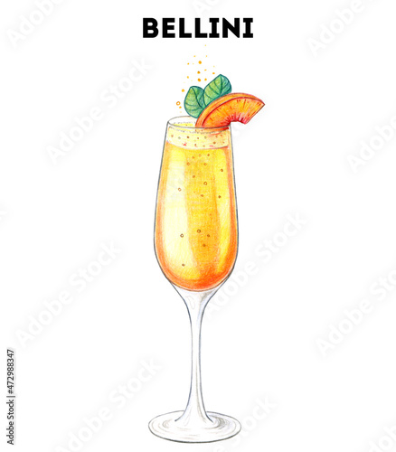 Bellini cocktail illustration. Alcoholic cocktail hand drawn illustration. Color sketch. Colored pencil drawing. Isolated object