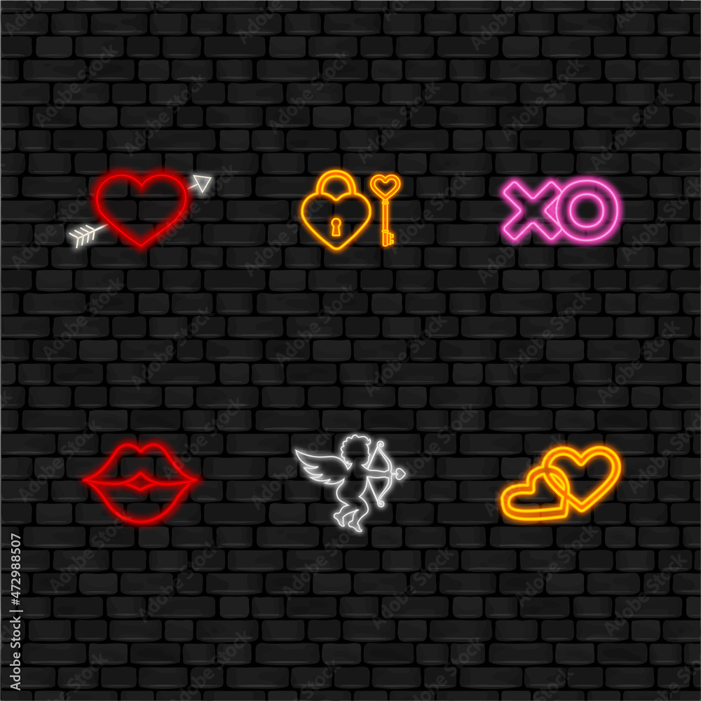set of valentine's day neon elements on black wall background. set of valentine's day neon elements on black wall background.