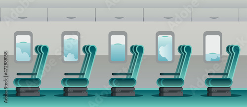 Plane interior with free seats. Empty chair row. Travel by airplane. Travel during coronavirus COVID-19 disease outbreak
