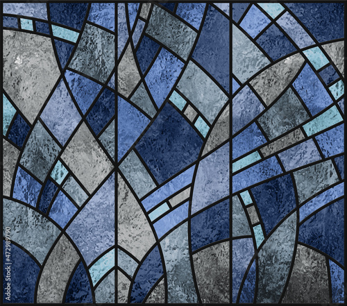Grey blue stained glass window. Abstract stained-glass background. Art Nouveau decor for interior. Sketch. Vintage. Monochrome pattern. Luxury modern interior. Transparency. 