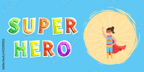 Superwoman smiling, waving hand and has superpowers. Cartoon character in superhero costume with cloak, mask and emblem stands on white background. Strong person protects people from villains