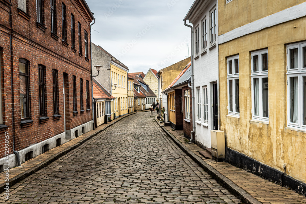 Beautiful view from the street in old quaint town in Faaborg, Denmark