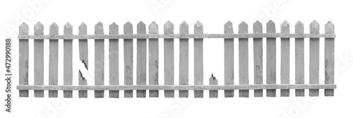 Grey old wooden fence isolated on white background. Broken fence