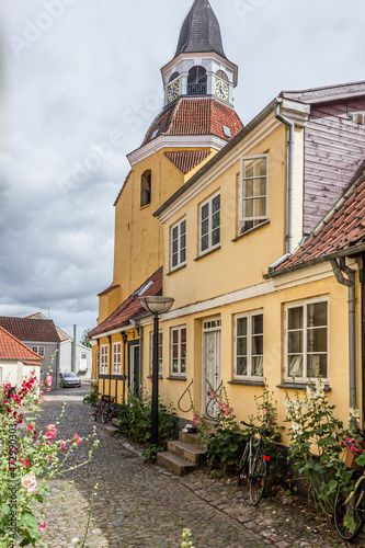 Beautiful view from the street in old quaint town in Faaborg, Denmark