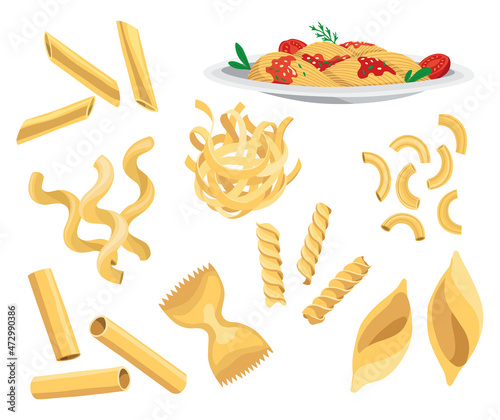 Pasta different kinds set. Italian food collection. Restaurant delicious menu illustration. Dry noodles and raw macaroni assortment. Italian cuisine, wheat flour products in different shapes