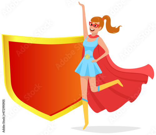 Superwoman smiling, waving hand and has superpowers. Cartoon character in superhero costume with cloak, mask and emblem stands on white background. Strong person protects people from villains