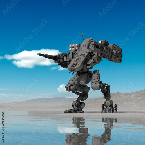 combat mech in brace fire pose on desert after rain