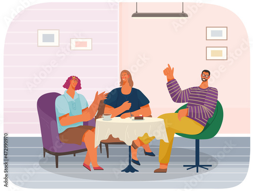 Friends are sitting at table in cafe. Communication, rest and pastime in restaurant. Characters eating, having fun in catering establishment. Tasting drinks, fresh food in restaurant, coffee house