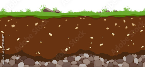 Surface horizons of soil layers. Earth structure with a mixture of organic matter and stones. Flat cartoon paleontological background. Illustrative geology