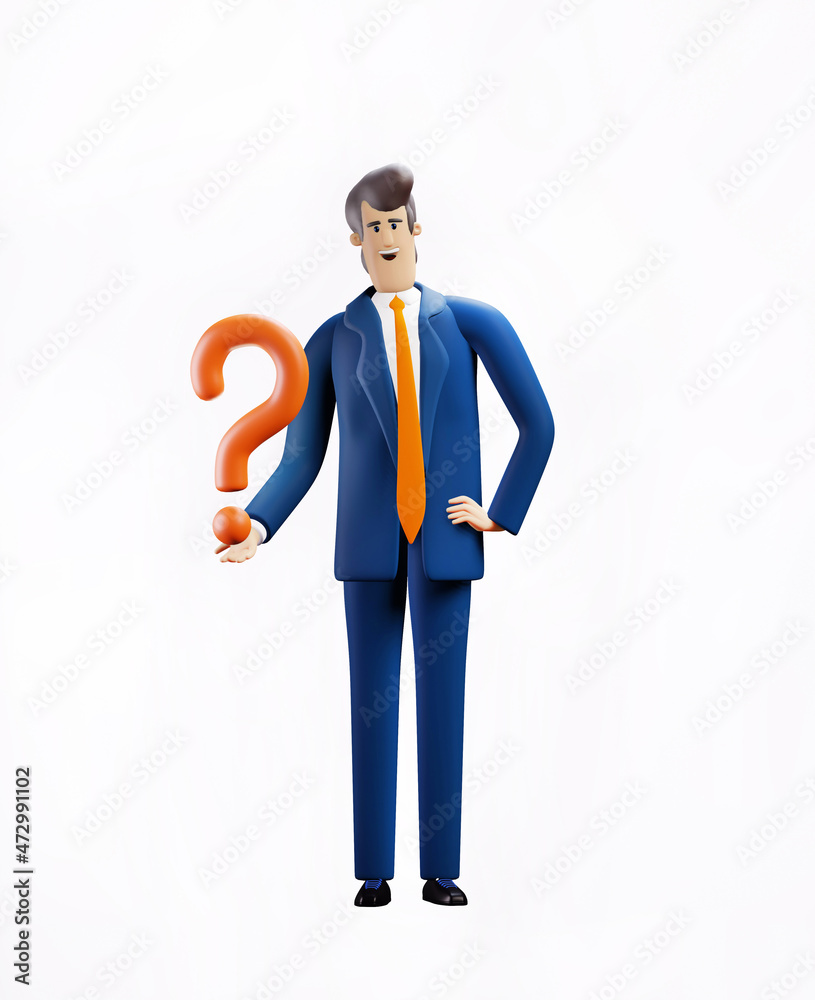 3D rendering illustration. Successful smiling businessman in suit holds big question mark 3D rendering illustration. Successful smiling businessman in suit holds big question mark