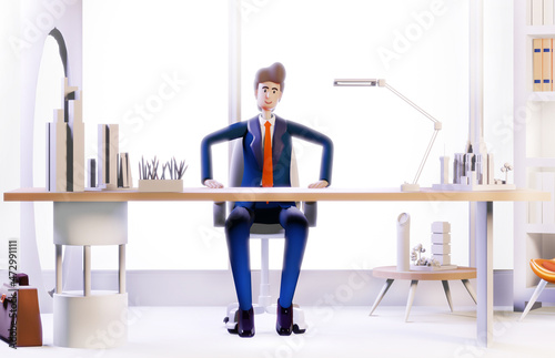 Wallpaper Mural 3D rendering illustration. Successful happy businessman working in office by his desk. Office working environment. Busy businessman working with computer, thinking Torontodigital.ca