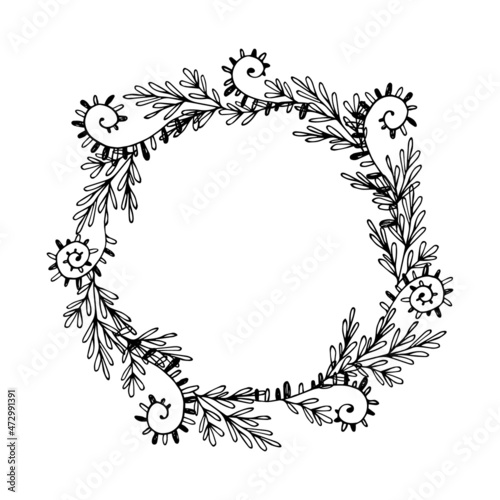 Wreath of simple twigs with different leaves. Black lines on white background, sketch, Doodle style. Hand drawn vector illustration with copy space