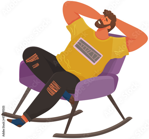 Man lying in armchair isolated on white. Happy smile guy relaxing at home. Rest on couch and dream. Home leisure. Male character lies on rocking chair and smiles dreams sees happy dream in livingroom