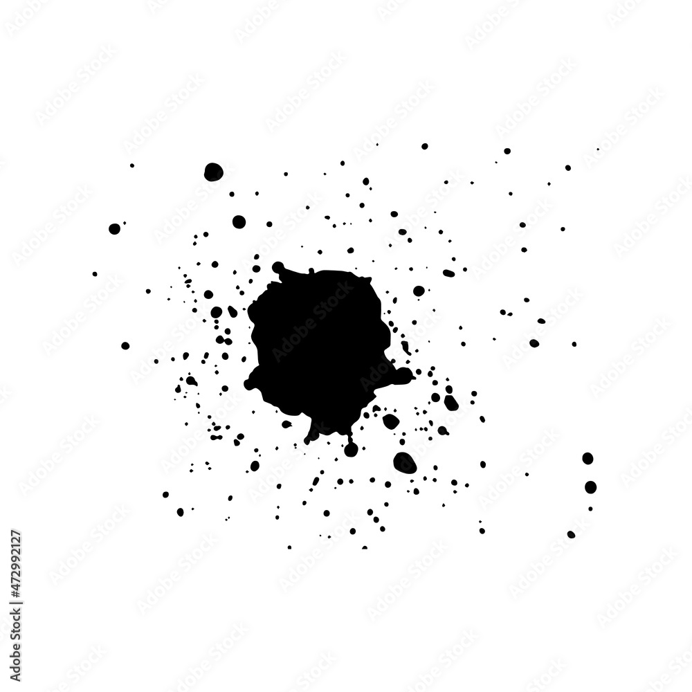 Abstract ink blot with streaks, stains, splashes, dots, drops on white background. Spray paint. Mold. Dirt. Isolated. Vector illustration.