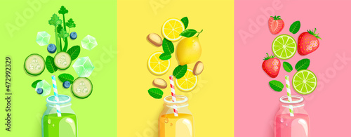 Drinks with fresh fruits,vegetables,berries.Smoothie with celery,cucumber,mint, lemon and honey,ginger, strawberry,lime.Healthy detox. Set cold juices for hot season.Bright template for design. Vector