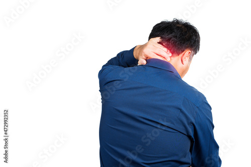 man with neck pain and back pain on a white backgroundman with neck pain and back pain on a white background photo