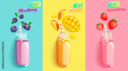 Drinks with fresh fruits,berries.Juices with pieces strawberry,blueberry and mango.Healthy detox. Set cold jars with tasty smoothies for hot season.Bright template for design. Vector illustration.