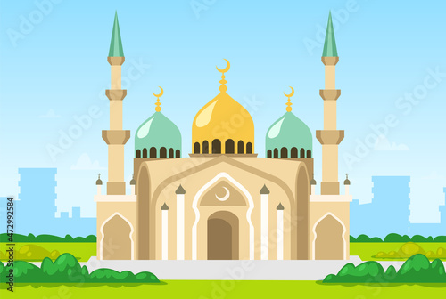 Muslim mosque isolated. Temple vector classic cathedral illustration. Religious building in style of ancient architecture, traditional prayer house, dome with moon on roof
