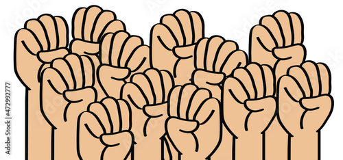 Protest symbol for black lives matter or World refugee day or Day of abolitionism. Cartoon black, white hand. Clenched fist, resistance, revolution concept. No more slavery. Vector icon or pictogram.