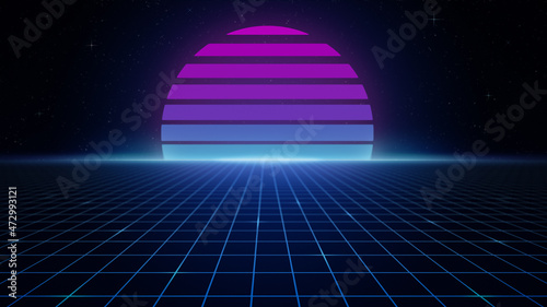 Retro-futuristic 1980s style background, emulating sci-fi movies from the 80's. Colorful striped sun or planet, starry night sky and blue grid with diminishing perspective. Copy space. 4k resolution.