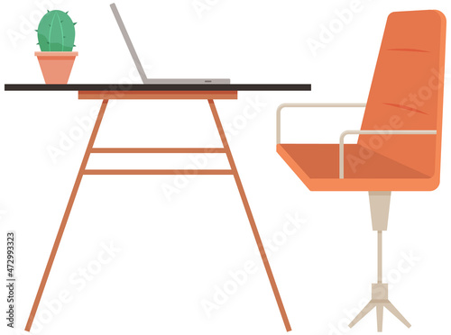 Modern workplace flat design. Office chair and office desk. Furniture and equipment for workplace of employee or office worker, vector interior workspace