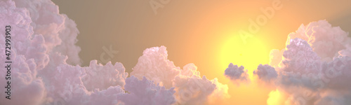 panoramic cumulus clouds sunrise with sun rays   nature 3D illustration