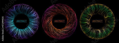 Set of colorful digital abstract eye iris with glowing waved lines and sparks on black background. Beautiful glowing futuristic circle banners. Vector illustration with place for your content photo