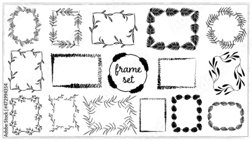 Frame set of wreaths from grass design elements. Circles and rectangles border vector ornaments.